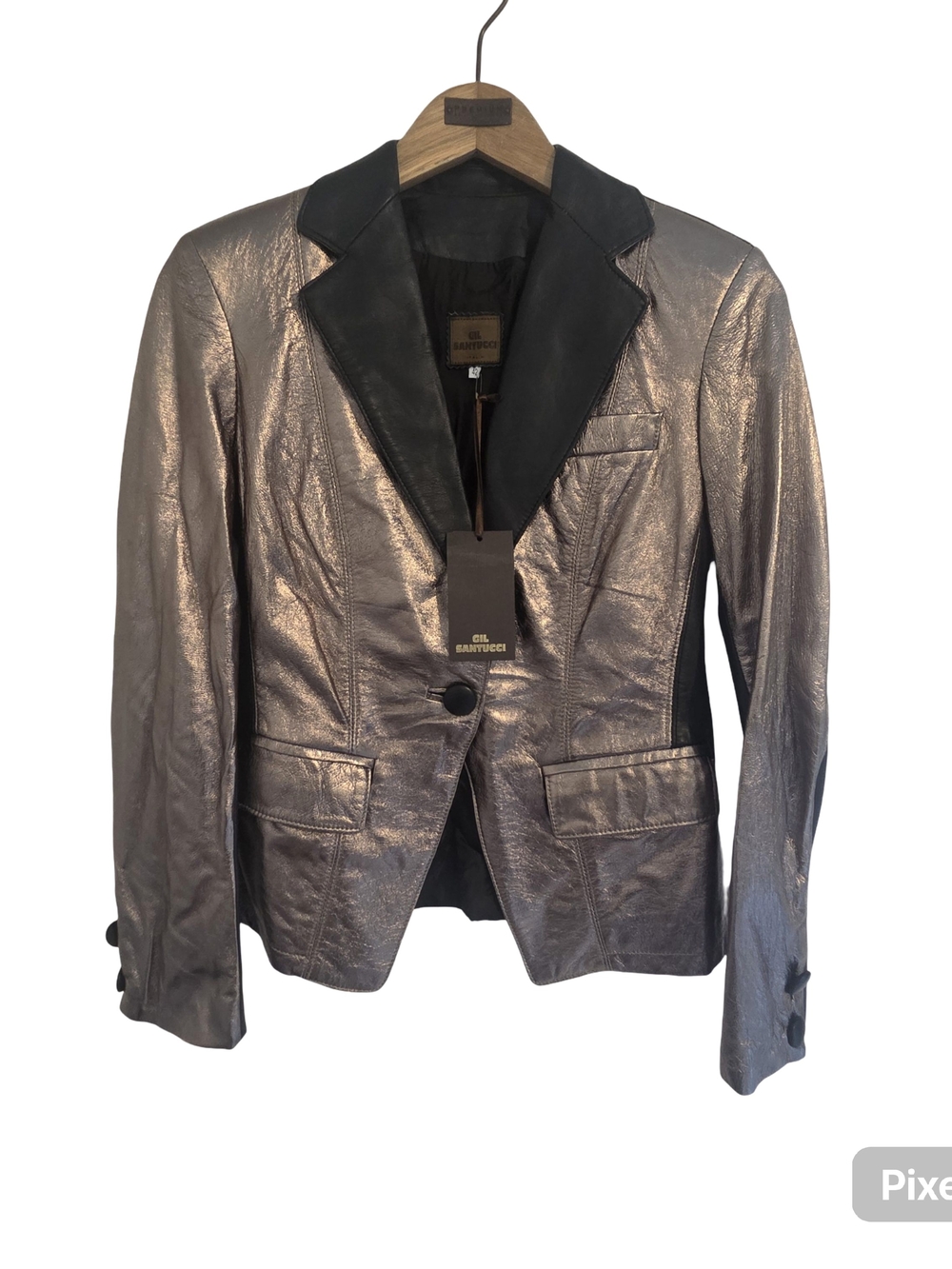 Gil Santucci Metallic Silver Blazer with Black Lapel - Women's